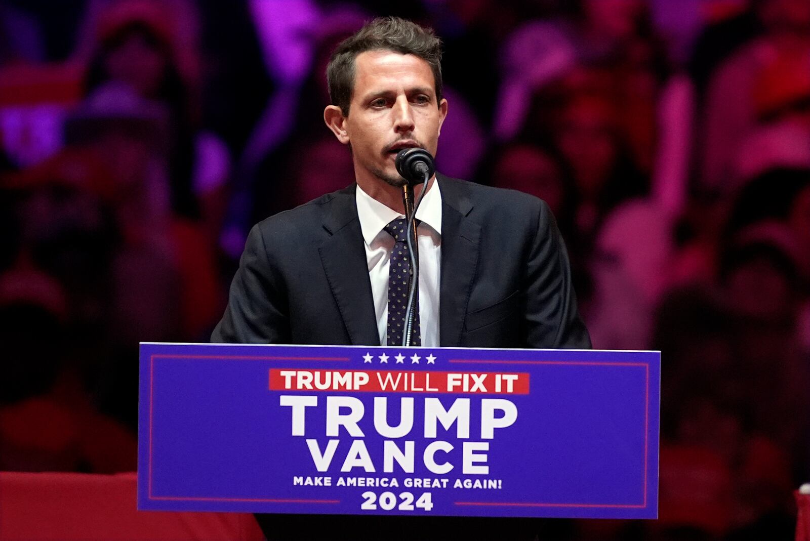 Tony Hinchcliffe speaks before Republican presidential nominee former President Donald Trump during a campaign rally at Madison Square Garden, Sunday, Oct. 27, 2024, in New York. (AP Photo/Evan Vucci)