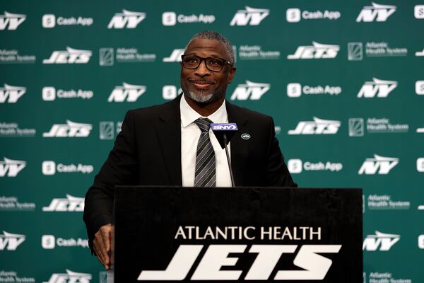 The New York Jets introduce new head coach Aaron Glenn during a press conference at the NFL football team's training facility on Monday, Jan. 27, 2025, in Florham Park, N.J. (AP Photo/Adam Hunger)