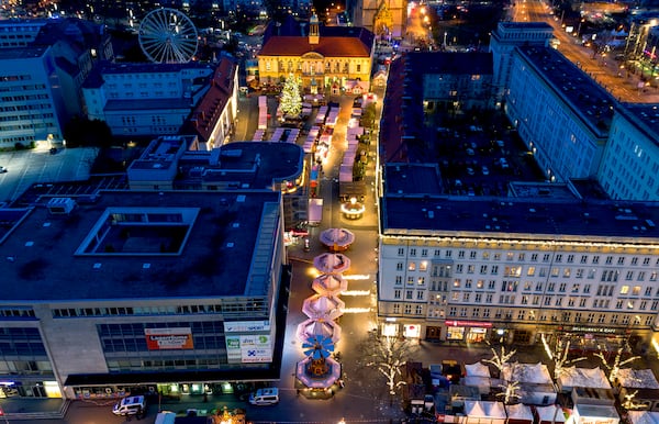 The Christmas market, where a car drove into a crowd on Friday evening, in Magdeburg, Germany, is empty on Saturday evening , Dec. 21, 2024. (AP Photo/Michael Probst)