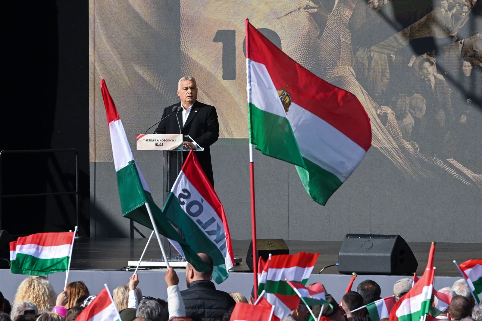 Hungarian Prime Minister Viktor Orban speaks during the meating to mark the 68th anniversary of the 1956 Hungarian revolution, at the Millenaris Park, in Budapest, Hungary, Wednesday, Oct. 23, 2024. (Szilard Koszticsak/MTI via AP)