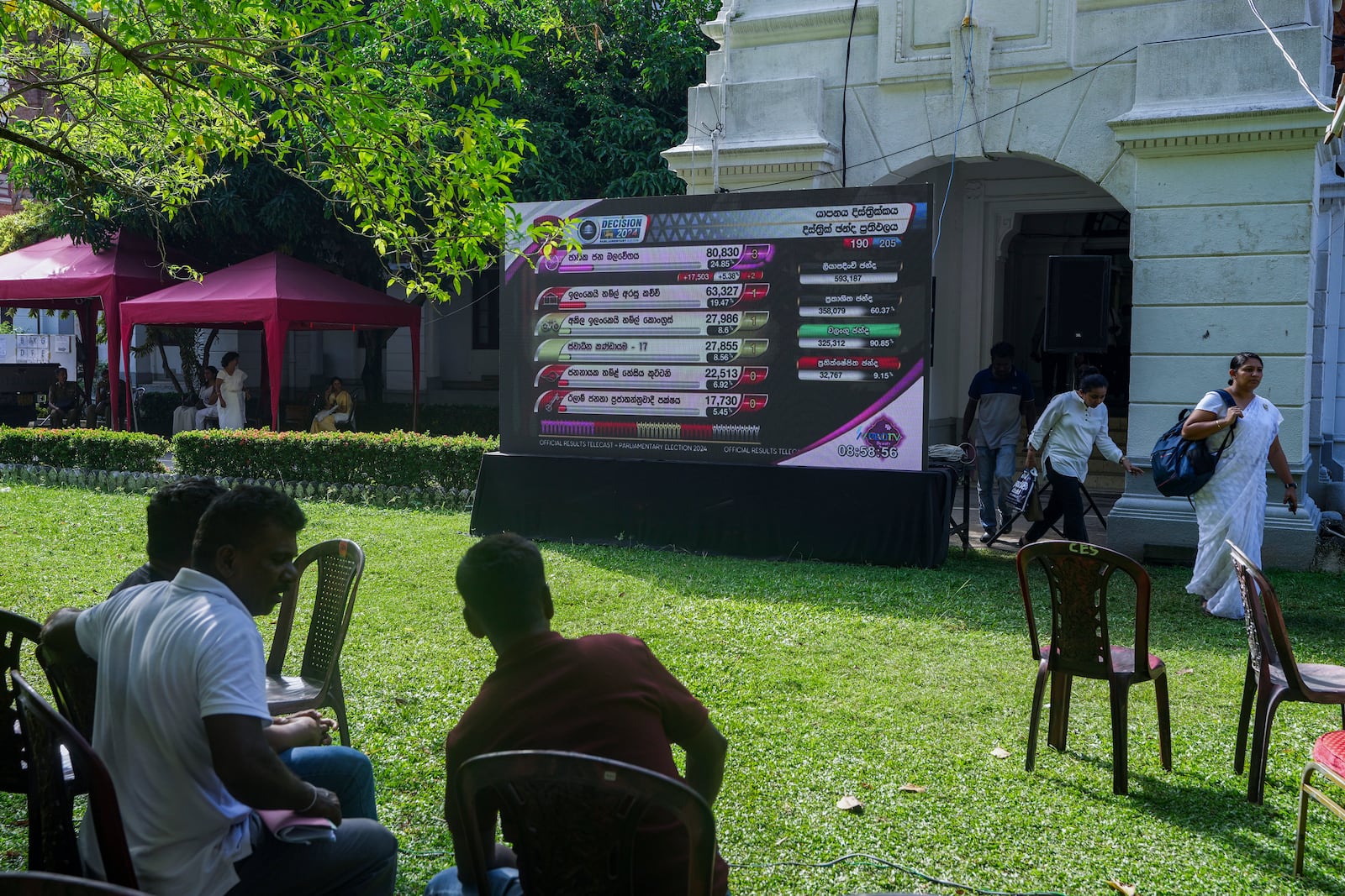 People watch polling results displayed on a giant screen outside a vote counting center following the parliamentary election in Colombo, Sri Lanka, Friday, Nov. 15, 2024. (AP Photo/Eranga Jayawardena)