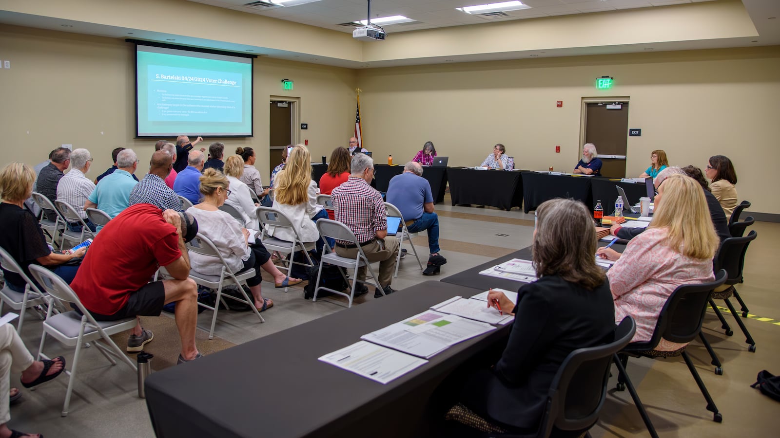 Forsyth election board considers challenges to the eligibility of 800 voters at the Forsyth County Voter Registrar in Cumming, Ga., June 28, 2024. (Jamie Spaar/Atlanta Journal-Constitution via AP)