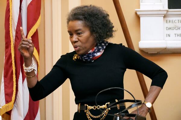 FILE - Virginia Lt. Gov. Winsome Earle-Sears gestures prior to a Senate session at the Capitol, Jan. 13, 2025, in Richmond, Va. (AP Photo/Steve Helber, File)