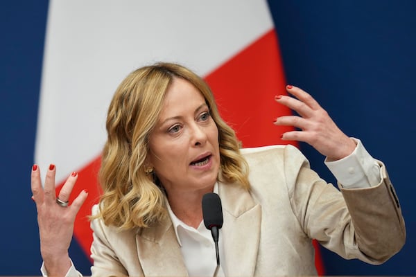 Italian Premier Giorgia Meloni holds the 2024 year-end press conference, in Rome, Thursday, Jan. 9, 2025. (AP Photo/Alessandra Tarantino)