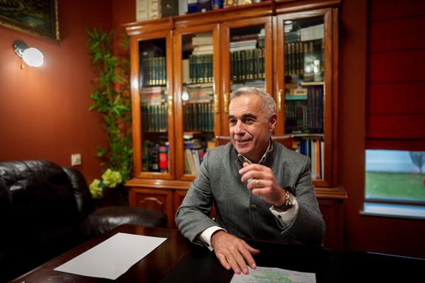 Calin Georgescu, the independent candidate for presidency who won the first round of presidential elections, speaks after an interview with the Associated Press in Izvorani, Romania, Wednesday, Dec. 4, 2024. (AP Photo/Vadim Ghirda)