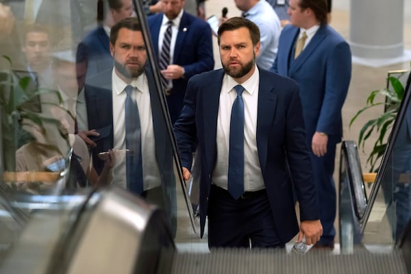 FILE - Sen. JD Vance, R-Ohio, arrives for a vote on Capitol Hill, Sept. 12, 2023 in Washington. (AP Photo/Mark Schiefelbein, File)