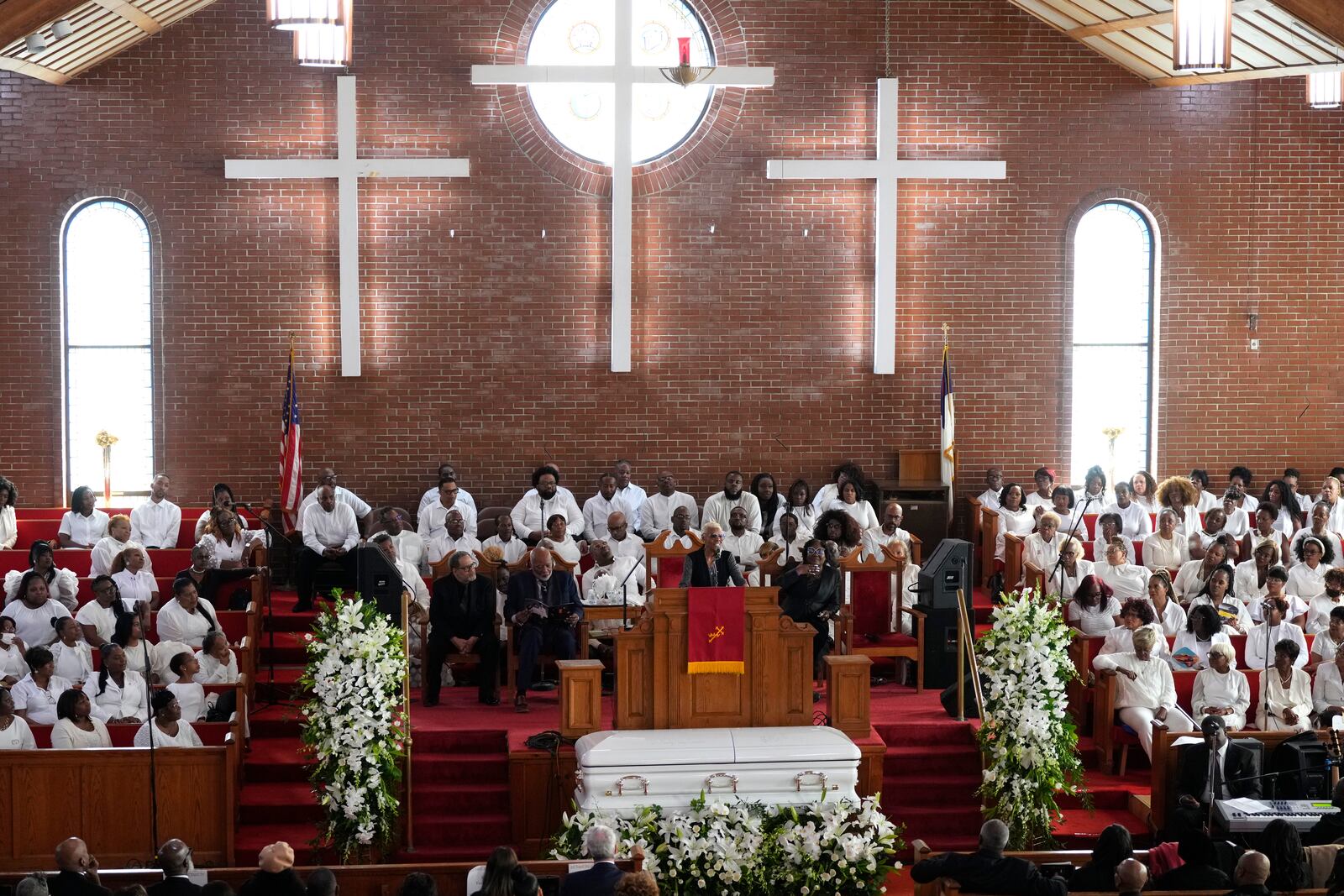 Dionne Warwick speaks during a ceremony celebrating the life of Cissy Houston on Thursday, Oct. 17, 2024, at the New Hope Baptist Church in Newark, N.J. (Photo by Charles Sykes/Invision/AP)