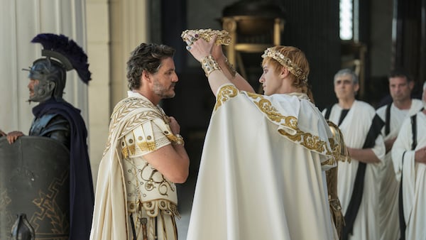 This image released by Paramount Pictures shows Pedro Pascal, left, and Joseph Quinn in a scene from "Gladiator II." (Aidan Monaghan/Paramount Pictures via AP)