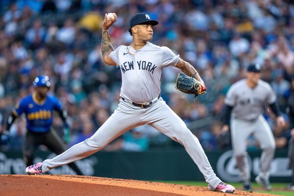 FILE - New York Yankees starter Luis Gil delivers a pitch during a baseball game against the Seattle Mariners, Sept. 17, 2024, in Seattle. (AP Photo/Stephen Brashear, File)