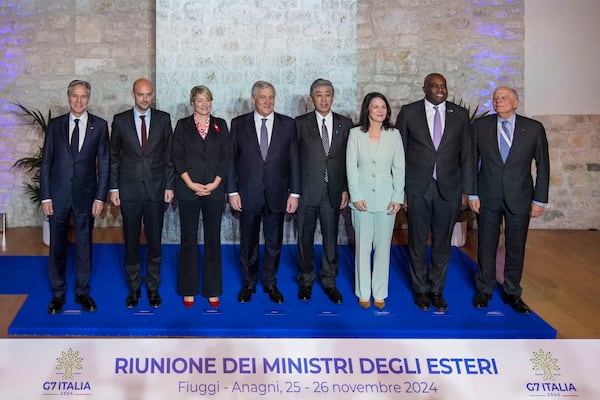 From left, U.S. Secretary of State Antony Blinken , French Foreign Minister Jean-Noël Barrot, Canada's Foreign Minister Melanie Joly, Italian Foreign Minister Antonio Tajani, Japanese Foreign Minister Takeshi Iwaya, German Foreign Minister Annalena Baerbock, Britain's Foreign Secretary David Lammy, and European Union foreign policy chief Josep Borrell pose for a family photo at the G7 of foreign Ministers in Anagni, some 70 kilometers south-east of Rome, Monday, Nov. 25, 2024. (AP Photo/Alessandra Tarantino)