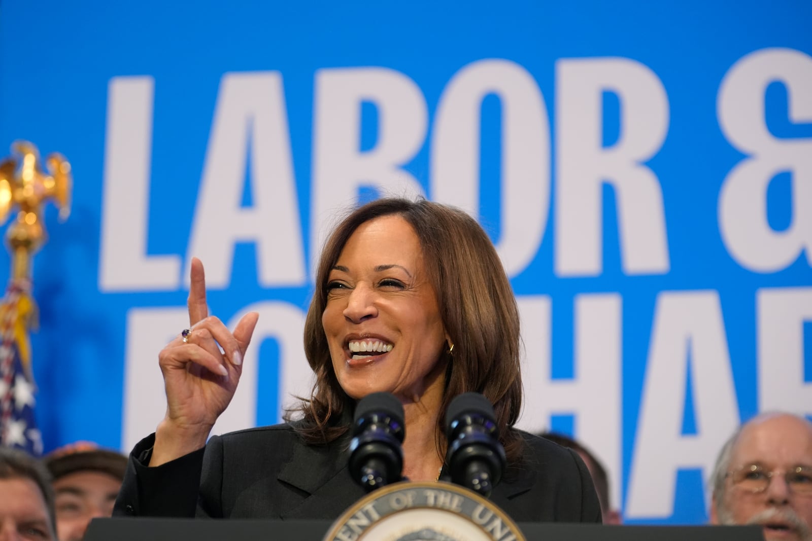 Democratic presidential nominee Vice President Kamala Harris speaks during a campaign event in Janesville, Wis., Friday, Nov. 1, 2024. (AP Photo/Charles Rex Arbogast)