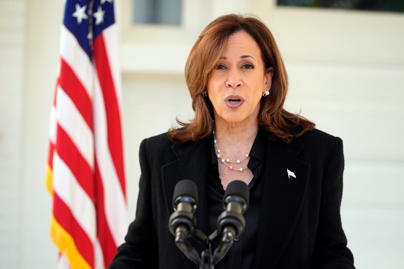 Democratic presidential nominee Vice President Kamala Harris speaks at the vice president's residence in Washington, Wednesday, Oct. 23, 2024. (AP Photo/Mark Schiefelbein)